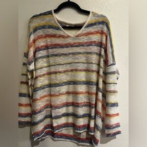 Striped V-Neck Lightweight Sweater in White with Blue, Red & Yellow